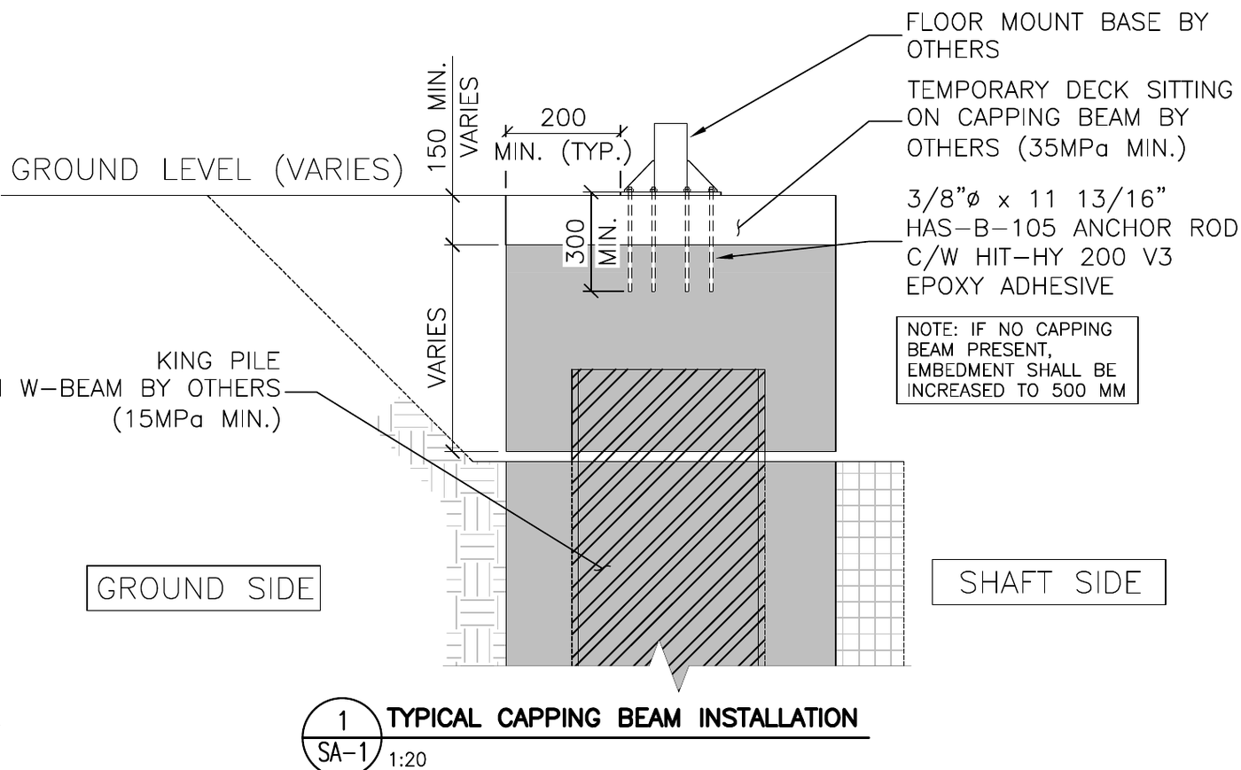 Section from my drawing SA-1, anchors through the capping beam into the king pile