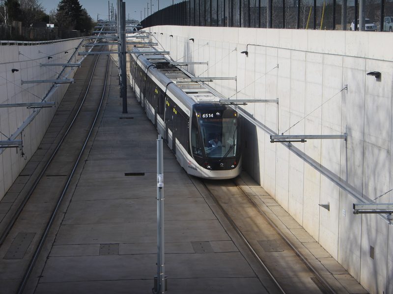 Finch West LRT vehicle in the trench approaching the tunnel