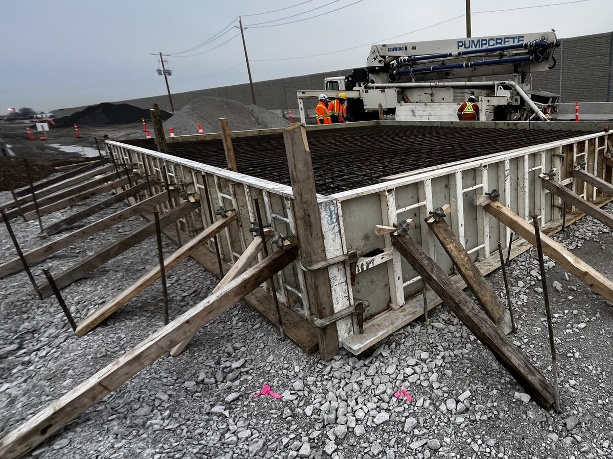 Braced bridge footing formwork at Woodbine, March 2026